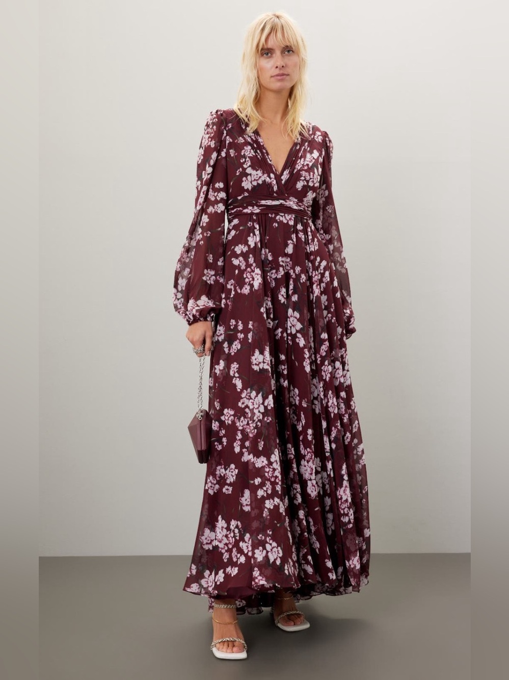 Leena for Mac Duggal Burgundy Floral Chiffon Dress~Size 4~Original Retail $498~